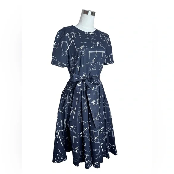 Carolina Herrera Equestrian Print Poplin Fit & Flare Dress  Small Horse Print - Picture 2 of 13